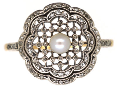 Edwardian 18ct Gold, Platinum, Rose Diamond & Natural Pearl Cluster Ring