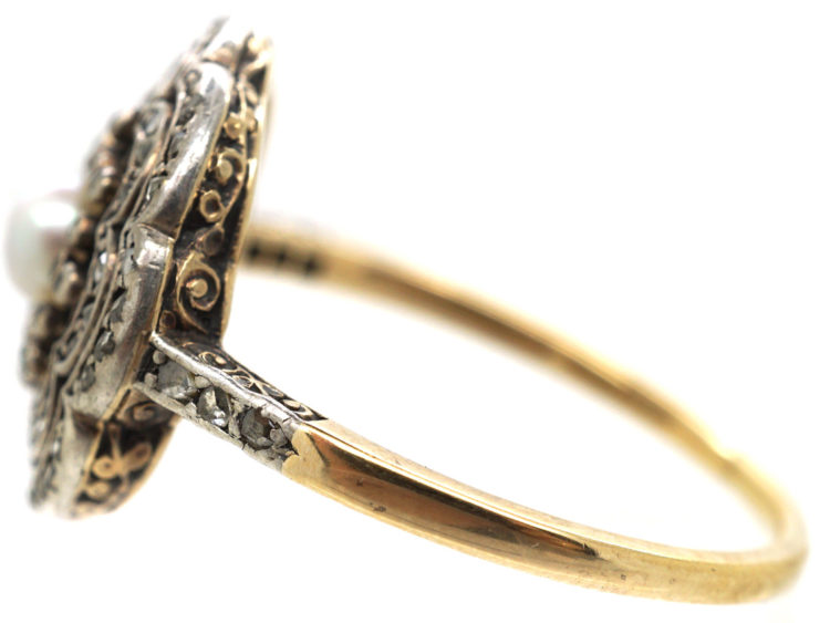 Edwardian 18ct Gold, Platinum, Rose Diamond & Natural Pearl Cluster Ring