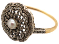 Edwardian 18ct Gold, Platinum, Rose Diamond & Natural Pearl Cluster Ring