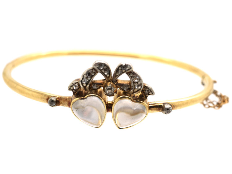 Edwardian 15ct Gold, Moonstone & Diamond Double Heart Bangle