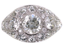 French Art Deco Platinum Three Stone Diamond Ring with Diamond Detail