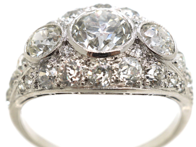 French Art Deco Platinum Three Stone Diamond Ring with Diamond Detail