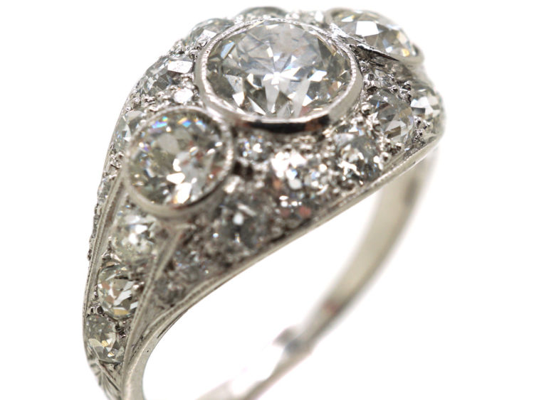 French Art Deco Platinum Three Stone Diamond Ring with Diamond Detail