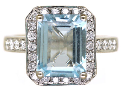 18ct White Gold, Aquamarine & Diamond Rectangular Ring with Diamond Set Shoulders