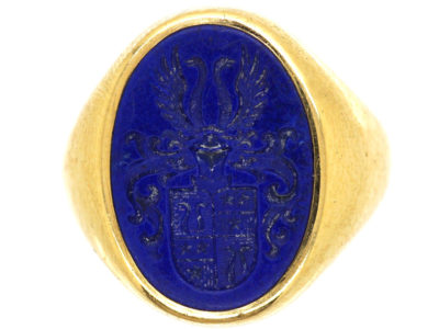 18ct Gold & Lapis Lazuli Signet Ring With Crest Intaglio