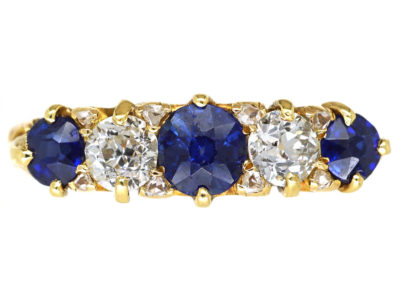 Victorian 18ct Gold, Sapphire & Diamond Five Stone Carved Half Hoop Ring