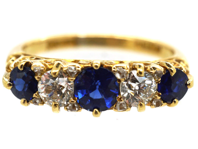 Victorian 18ct Gold, Sapphire & Diamond Five Stone Carved Half Hoop Ring