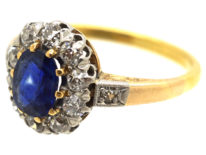 Edwardian 18ct Gold, Sapphire & Diamond Oval Cluster Ring with Diamond Shoulders