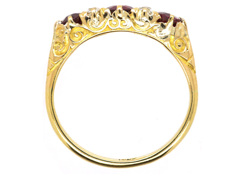 Edwardian 18ct Gold, Diamond & Ruby Five Stone Carved Half Hoop Ring