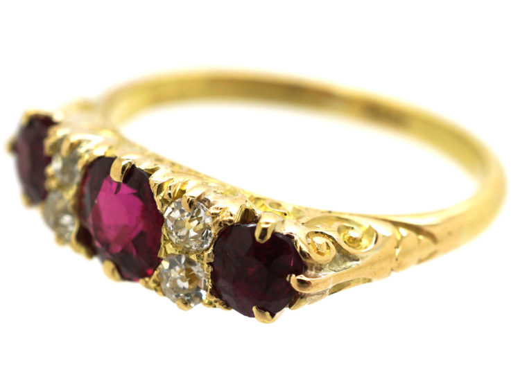 Edwardian 18ct Gold, Diamond & Ruby Five Stone Carved Half Hoop Ring