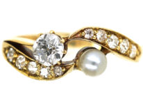 Edwardian 18ct Gold, Diamond & Natural Pearl Crossover Ring