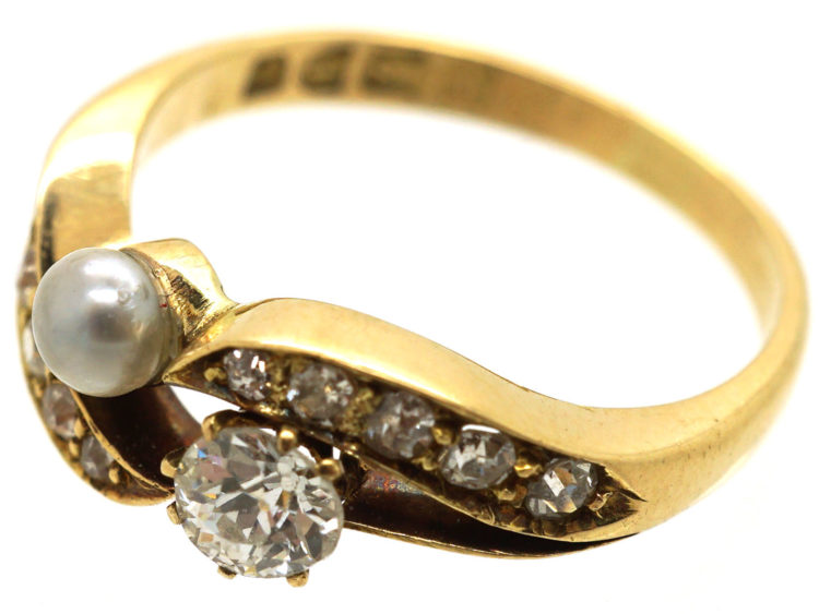 Edwardian 18ct Gold, Diamond & Natural Pearl Crossover Ring