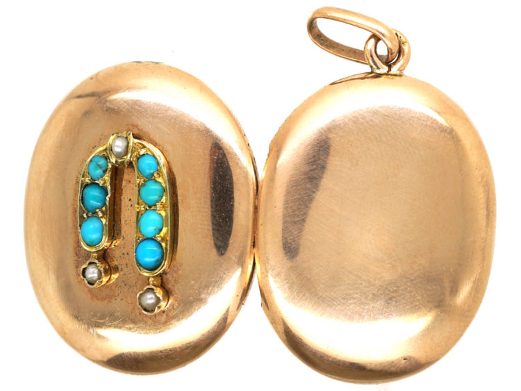 Edwardian 15ct Gold, Natural Pearl & Turquoise Oval Locket