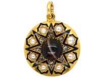 Victorian 18ct Gold & Black Enamel Pendant set with Onyx, Rose Diamonds & Natural Split Pearls