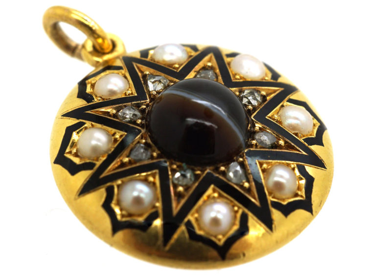 Victorian 18ct Gold & Black Enamel Pendant set with Onyx, Rose Diamonds & Natural Split Pearls