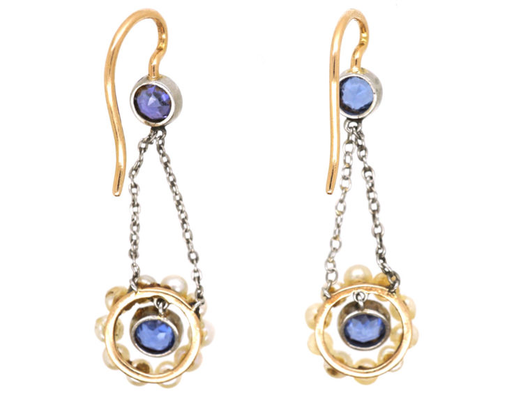 Edwardian 15ct Gold & Platinum, Sapphire & Natural Pearl Drop Earrings