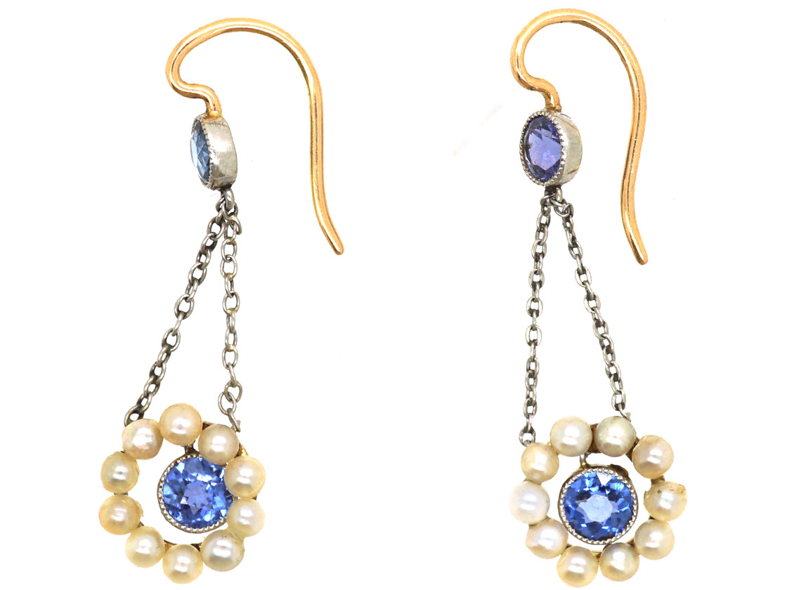 Edwardian 15ct Gold & Platinum, Sapphire & Natural Pearl Drop Earrings ...