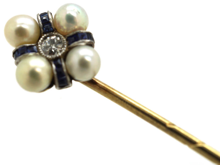 Art Deco Sapphire, Diamond & Natural Pearl Tie Pin
