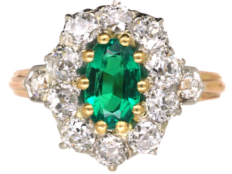 French 18ct Belle Epoque Emerald & Diamond Cluster Ring
