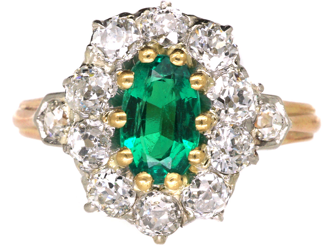 French 18ct Belle Epoque Emerald & Diamond Cluster Ring (170M) | The ...