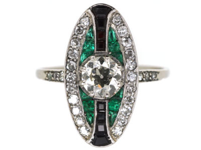 Art Deco Platinum, Emerald, Onyx & Diamond Oval Ring