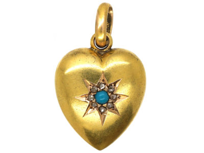 Edwardian 15ct Gold Heart Shaped Pendant set with a Turquoise & Rose Diamonds