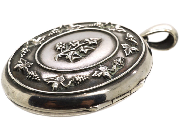 Victorian Large Oval Silver Locket with Vine Leaf & Grape design