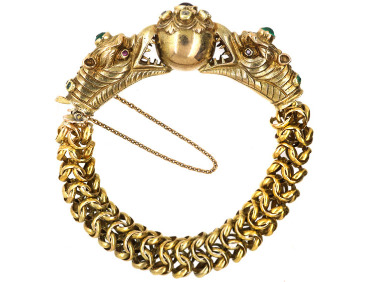 Georgian 18ct Gold Dragon's Heads Bracelet set with Emeralds, Rubies & Diamonds