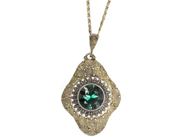 Art Deco Silver Gilt, Marcasite & Synthetic Blue/Green Spinel Pendant by Theodor Fahrner on Silver Chain