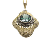 Art Deco Silver Gilt, Marcasite & Synthetic Blue/Green Spinel Pendant by Theodor Fahrner on Silver Chain