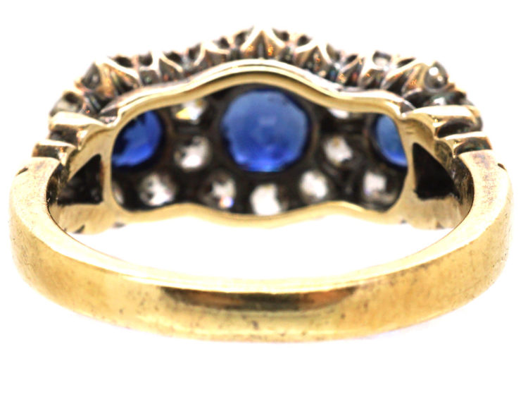 Edwardian 18ct Gold, Triple Cluster Sapphire & Diamond Ring