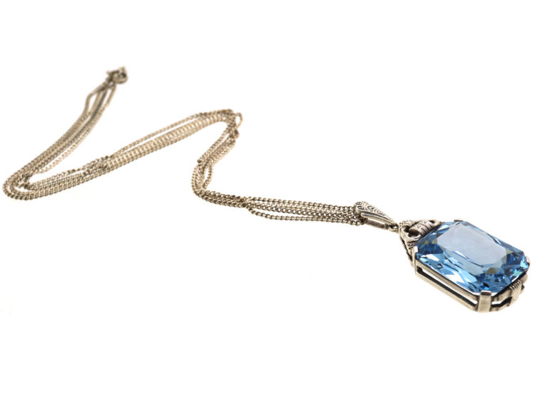 Art Deco Synthetic Blue Spinel Pendant on Silver Chain