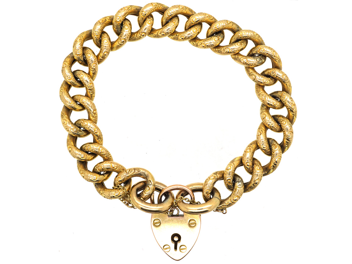 Edwardian 9ct Gold Engraved Curb Link Bracelet (188M) | The Antique ...
