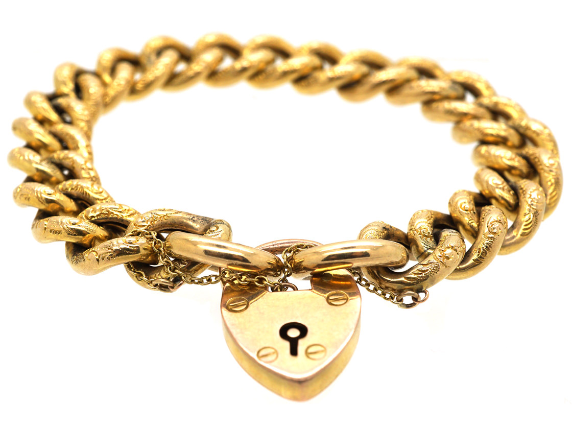 Edwardian 9ct Gold Engraved Curb Link Bracelet (188M) | The Antique ...