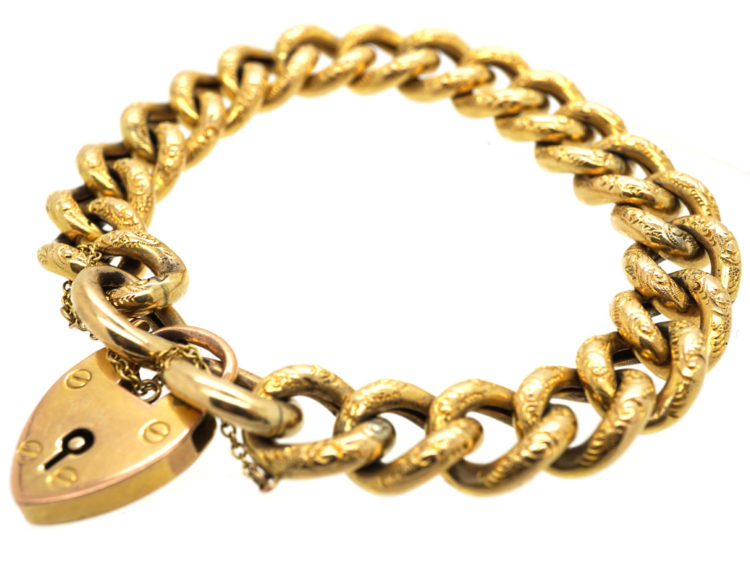 Edwardian 9ct Gold Engraved Curb Link Bracelet