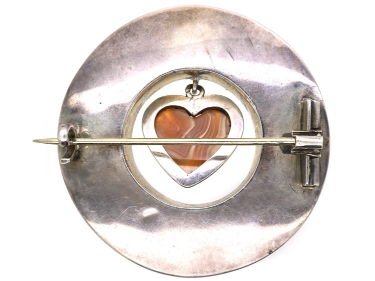 Victorian Scottish Silver Round Agate Brooch with Heart Drop