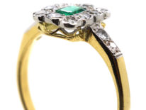 Art Deco 18ct Gold & Platinum Rectangular Ring set with an Emerald & Diamond with Diamond Set Shoulders