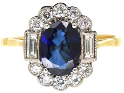 18ct Gold Sapphire & Diamond Oval Cluster Ring with Baguette Diamonds on Either Side