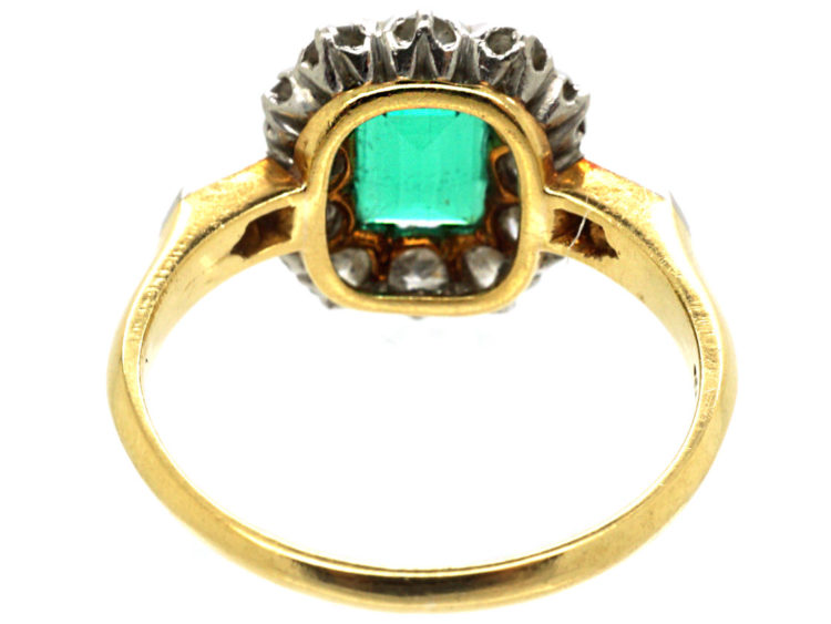 Edwardian 18ct Gold Emerald & Diamond Rectangular Cluster Ring with Diamond Set Shoulders