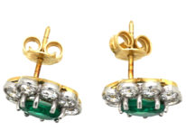 18ct White & Yellow Gold, Emerald & Diamond Oval Cluster Earrings