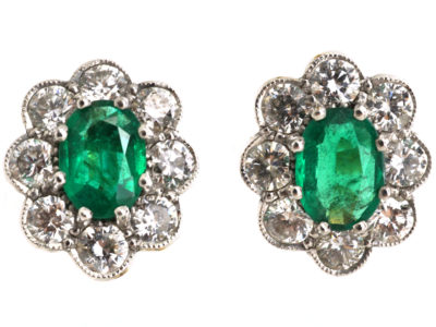 18ct White & Yellow Gold, Emerald & Diamond Oval Cluster Earrings