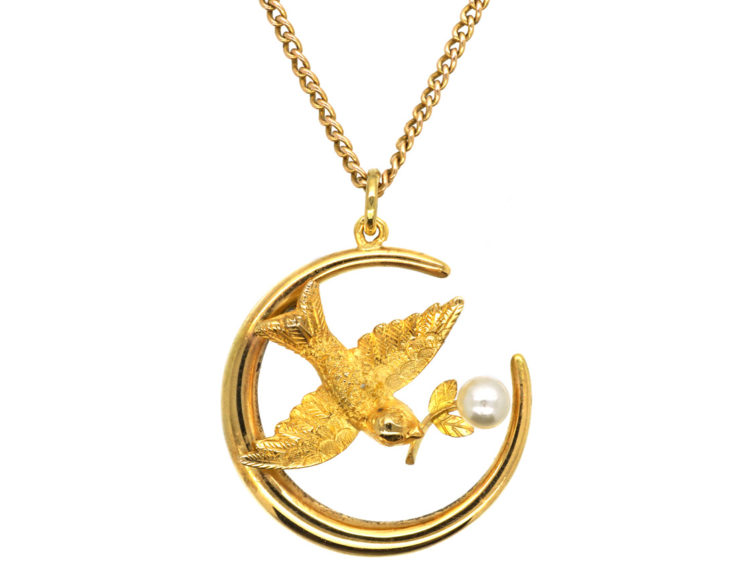 Edwardian 15ct Gold Swallow & Harvest Moon Pendant on 9ct Gold Chain