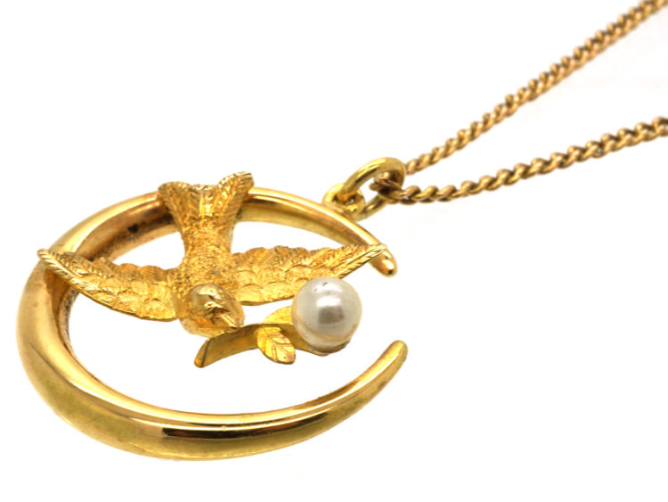 Edwardian 15ct Gold Swallow & Harvest Moon Pendant on 9ct Gold Chain