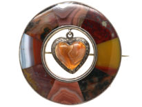 Victorian Scottish Silver Round Agate Brooch with Heart Drop