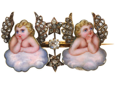 Victorian Enamel & Diamond "Cherubs in the Sky" Brooch