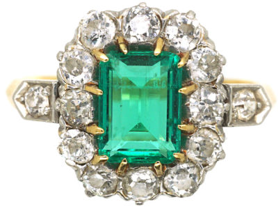 Edwardian 18ct Gold Emerald & Diamond Rectangular Cluster Ring with Diamond Set Shoulders