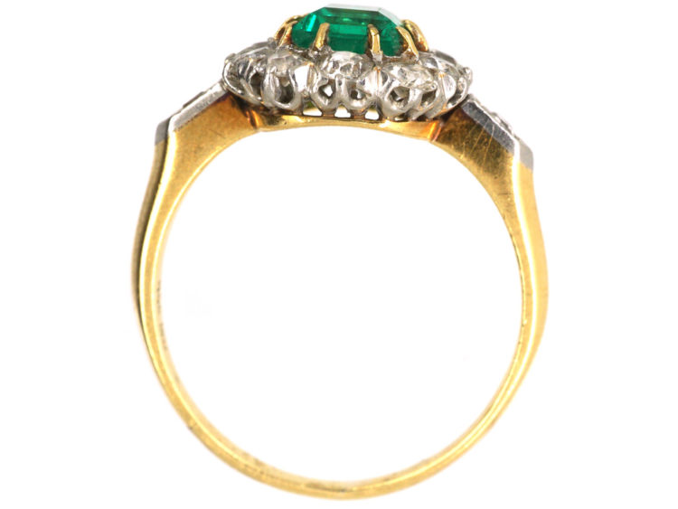 Edwardian 18ct Gold Emerald & Diamond Rectangular Cluster Ring with Diamond Set Shoulders