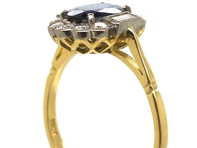 18ct Gold Sapphire & Diamond Oval Cluster Ring with Baguette Diamonds on Either Side