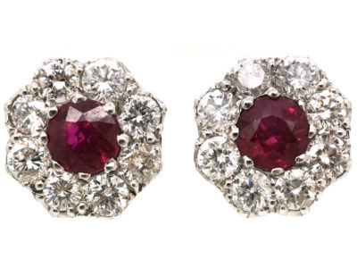 18ct White & Yellow Gold, Ruby & Diamond Cluster Earrings