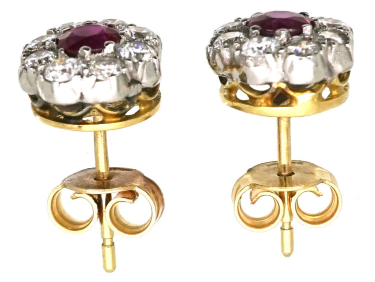 18ct White & Yellow Gold, Ruby & Diamond Cluster Earrings